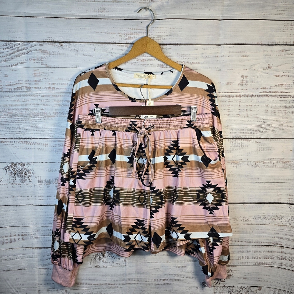 Grace & Emma Pink Aztec Print Pajama Set Size S, M, XL Lounge Set NWT